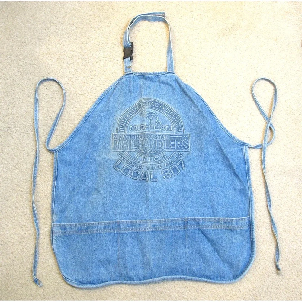 Vintage Style 90s Blue Denim Embossed Apron Made in USA Mailhandlers Local 307